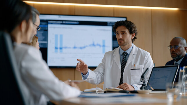 Researcher presenting clinical trial data on a screen to an ethics board in a university conference room, psychedelic-assisted therapy regulatory discussion, academic medical setting, rigorous scien