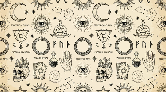 Mystical Occult Magic Pattern and Esoteric Alchemy Symbol Backdrop featuring Ancient Wizard Ritual Sacred Geometry and Spiritual Sorcery Ornamentation