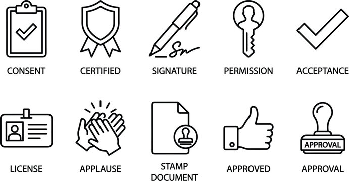 Consent certified and signature vector icon set for business, including permission and acceptance symbols.