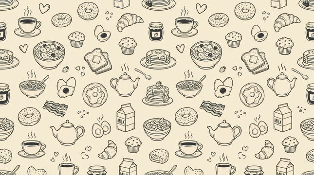 Seamless Breakfast Food Pattern with Morning Coffee Icon Fresh Bakery Treat and Delicious Gourmet Pastry Graphic Background for Menu Design and Culinary Wallpaper Illustration