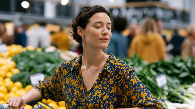 Woman in grocery store produce section practicing box breathing with one hand on a cart, silent coping strategy during anxiety wave, crowded market setting, ambient shoppers, functional anxiety mana