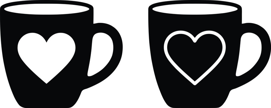 Coffee mug silhouette vector illustration set with heart shape design icons isolated on white background for cafe logo graphics