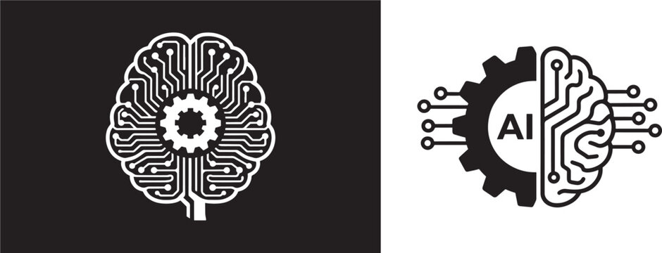 Artificial intelligence vector icons with brain circuit and gear designs for technology and machine learning concepts