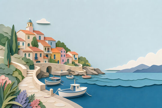 Pastel Paper Cut Coastal Harbor Village Scene