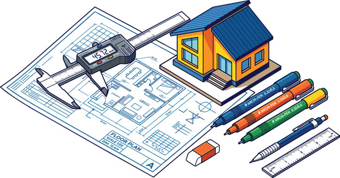 Isometric Architectural Design Vector Illustration with House Model, Floor Plan Blueprint, Digital Caliper, Draft Pens, and Ruler for Construction Concepts