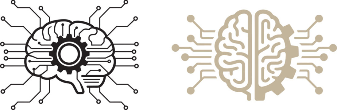 Artificial intelligence vector icons featuring human brain with gear and circuit board lines for machine learning and technology design