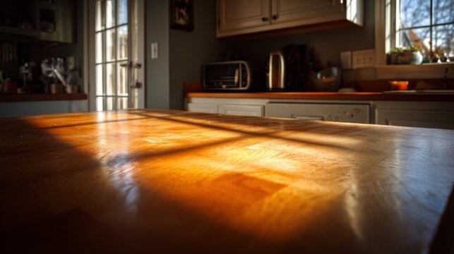 Warm kitchen scene. A wooden table is bathed in sunlight streaming from a window, overlooking a doorway. Kitchen counters are in the background