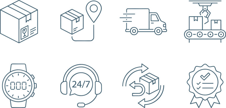 Logistics and supply chain shipping line icon set vector illustration featuring delivery truck tracking pin cargo return conveyor belt customer support stamp