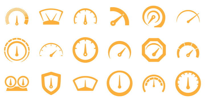 Gauge icons speed meter dial indicators dashboard instruments and tachometer vector set. Speedometer Icons Vector Illustration for Racing Performance Dashboard Technology and Speed Measurement Concept