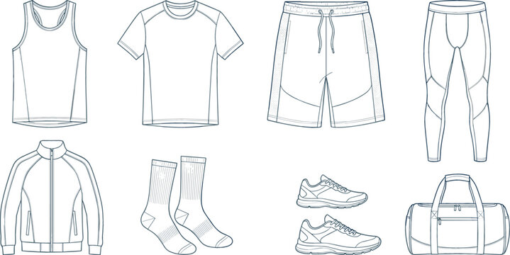 Men activewear sportswear technical fashion sketch vector illustration set with tank top t-shirt shorts leggings track jacket socks sneakers and duffel gym bag template