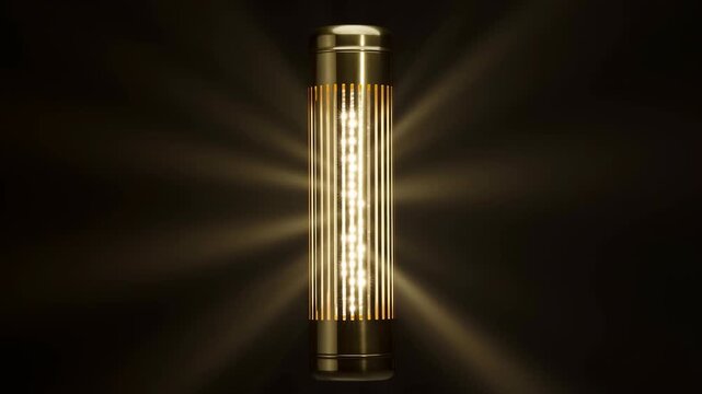 Vertical gold tubular LED fixture glowing with warm symmetrical beams inside dark studio setting, polished metallic housing, slotted grille, elegant modern accent lighting for premium interior display