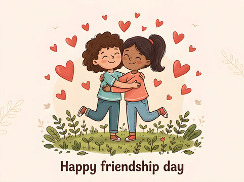 Two young friends hugging each other in a grassy field with floating red hearts and the text happy friendship day below them