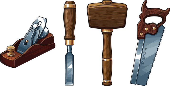 Vintage Carpentry Hand Tools Vector Set with Wooden Jack Plane, Chisel, Mallet Hammer, and Tenon Hand Saw for Woodworking and Craftsmanship Designs