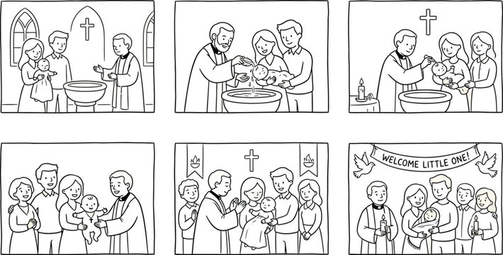 Biblical story characters in line art illustrations depict baptism scenes