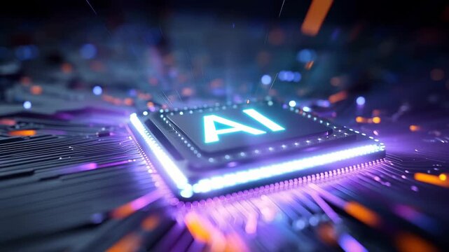 AI Processor Glowing on an Advanced Semiconductor Circuit Board