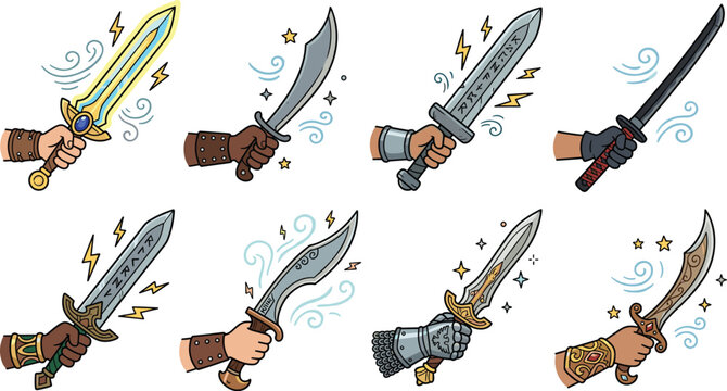 Fantasy magic swords and daggers cartoon vector icon set featuring hands holding medieval blades, scimitars, katanas, and glowing enchanted weapons for gaming.