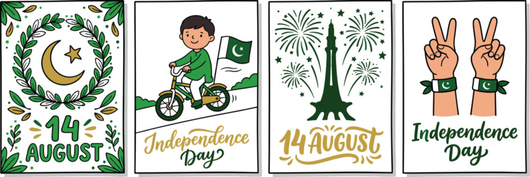 Pakistan Independence Day 14 August Cartoon Card Set with Crescent Laurel Wreath Boy on Bicycle Minar e Pakistan Fireworks and Victory Sign Illustration