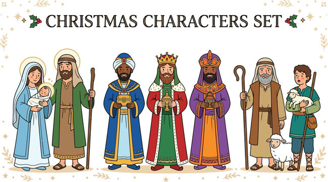 Christmas characters set with people dressed in religious attire standing together