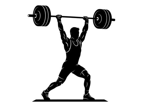 Weightlifter raising barbell overhead in dynamic pose black silhouette on a white background