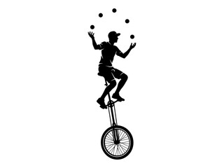 Circus performer juggling on a unicycle in a black silhouette against a white background silhouette © NusratJahan