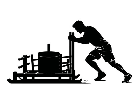 Athlete pushing a sled workout silhouette against a white background for fitness and strength training concepts
