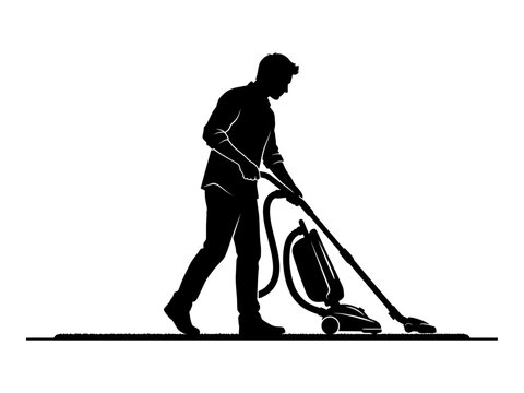 Man pushing a vacuum cleaner in a black silhouette against a white background silhouette