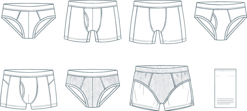 Men underwear collection technical fashion sketch vector illustration set featuring briefs boxer briefs trunks textured mesh panels and elastic waistband CAD template