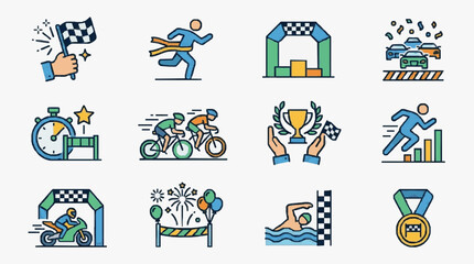 Fototapeta premium Elegant Colorful Set of Sports Victory and Competition Icons Featuring Checkered Flags Medals and Athletes