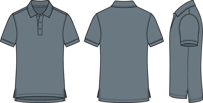 Men grey polo shirt technical fashion sketch vector illustration featuring front back side view collar button placket casual smart apparel tech pack template