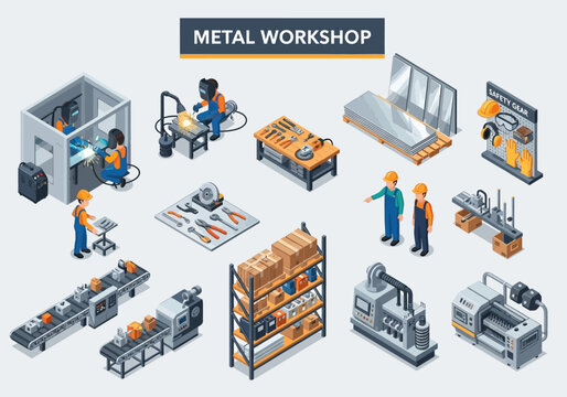 Isometric illustration of a metal workshop with workers machinery tools and industrial materials