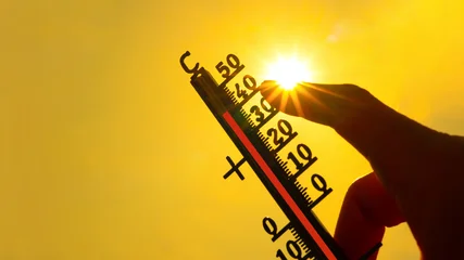 Fototapeten Restaurant Hot weather - Heat wave / Summer heat background - Thermometer yellow orange sky and sun rays  © Corri Seizinger