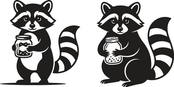 Cute raccoon mascot cartoon silhouette character set holding cookie food jar vector illustration for children nursery graphic design elements.