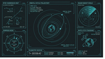 Futuristic aerospace digital interface displaying orbital path trajectory, radar sweep, satellite tracking, star coordinate map, and telemetry status for mission control and space exploration visualiz © Muhammad
