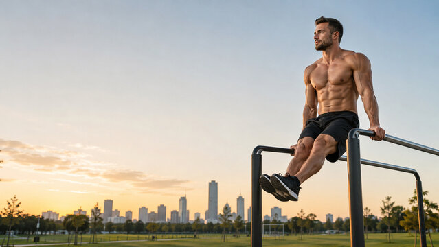Muscular Man Doing Exercise Outdoors at Sunrise or Sunset