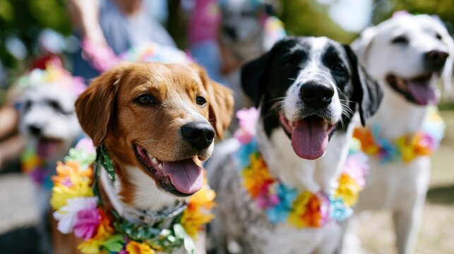 canine celebration, vibrant national dog day celebration in the park with a variety of breeds in fun accessories, and owners relishing the sunny day with clarity