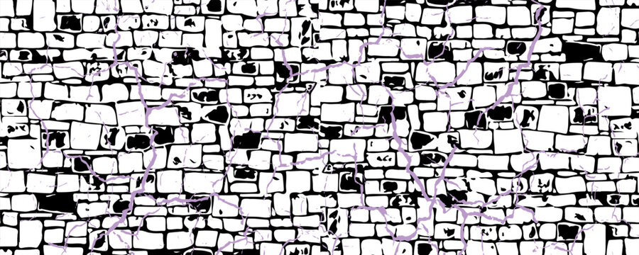 Abstract background featuring a high-contrast black and white stone brick wall texture overlaid with dramatic, vibrant purple lightning-like crack patterns for a bold, artistic design.