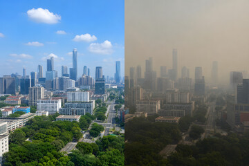 Fototapeta premium Clean city skyline contrasted with polluted urban air
