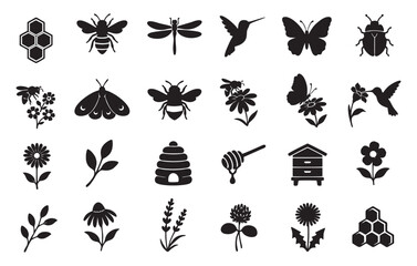 Obraz premium Garden Pollinator Silhouette Icon Set – Black and White Bee Butterfly Flower and Beehive Vector Collection