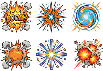 Comic Book Explosion and Fireworks Vector Set Featuring Boom Burst Clouds Sparkles Starburst and Energy Vortex Elements for Pop Art Graphic DesignsComic Book Explosion and Fireworks Vector Set Featuri © MST