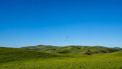 Fototapeta premium Vast Blue Sky and Rolling Green Meadow Landscape Under Sunny Conditions