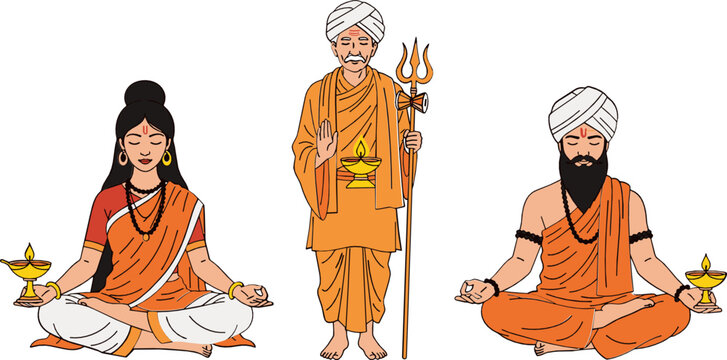 Traditional Indian Spiritual Characters Vector Set Featuring Sadhu, Yogi, and Woman in Meditation with Lamp and Trident for Cultural and Religious Designs