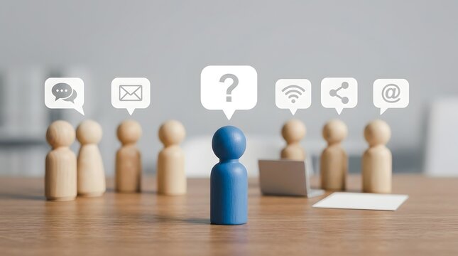 Individual blue figure asking a question to an advisory team behind a desk representing customer support and professional consulting