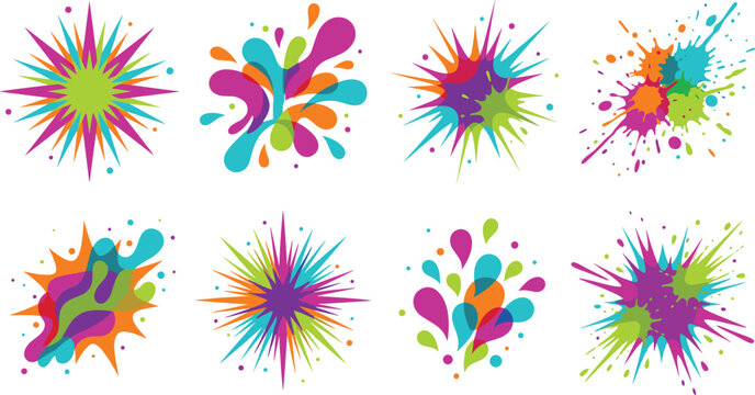 Vibrant colorful paint splash and abstract burst vector illustration set featuring bright multicolor ink splatters, paint drops, and dynamic color explosion design elements.