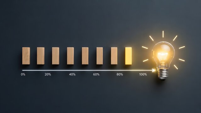 Idea loading progress bar with wooden blocks turning into a glowing lightbulb representing business innovation process
