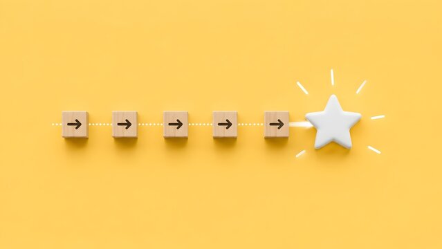 Strategic progression blocks with direction arrows leading to a glowing star representing business excellence and goal achievement