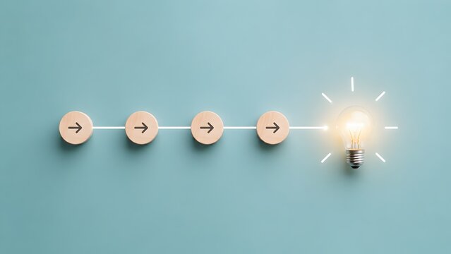 Workflow direction concept with wooden sequence arrows pointing to a glowing lightbulb symbolizing strategic business solutions