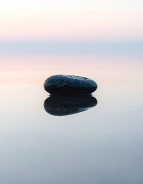 Piedra con reflejo  en el agua con horizonte infinito. imagen minimalista concepto de calma, armon&iacute;a, mindfulness, bienestar y meditaci&oacute;n,