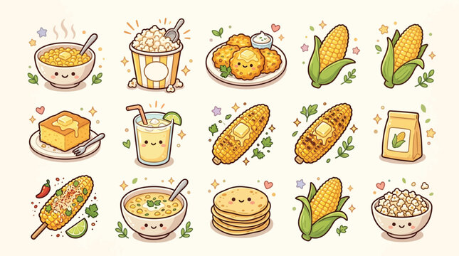 Kawaii-style illustrations of various corn-based foods and drinks, including corn on the cob, popcorn, corn soup, corn fritters, and corn tortillas, all with cute smiling faces.