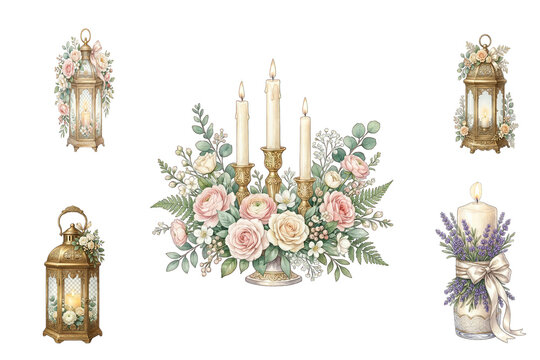 Elegant wedding clipart gold lanterns floral candelabras and decorative candles for wedding decorations