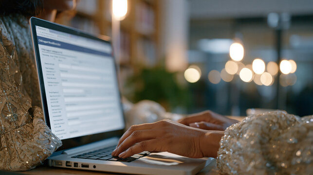 Legaltech document automation platform displayed on a public library computer terminal guides a young single mother through a child support modification petition, close up of hands typing answers in